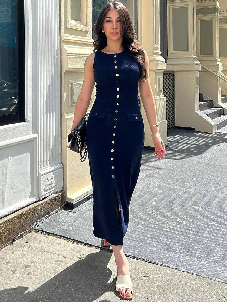 Knit Ribbed Cardigan Maxi Dress – High Waist, Slim Fit, Pocket Design, Sleeveless, Elegant, Party Dress, Women's Knitwear, Long Dress