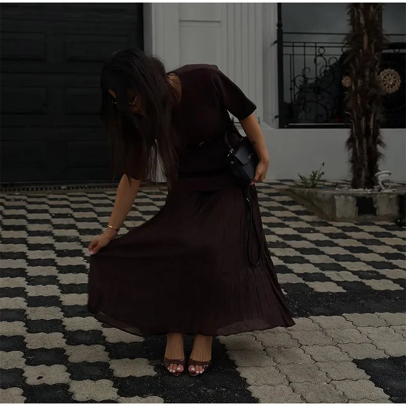 Chic Splicing Brown Maxi Dress – Half Sleeve, Pleated A-line, Slim Fit, Casual Office Commute Streetwear