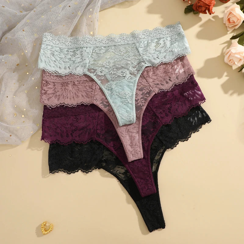 3PCS Lace Hollow Out Thong Panties – Sexy Floral Print, Solid Color, Low Waist, Breathable G-String Lingerie