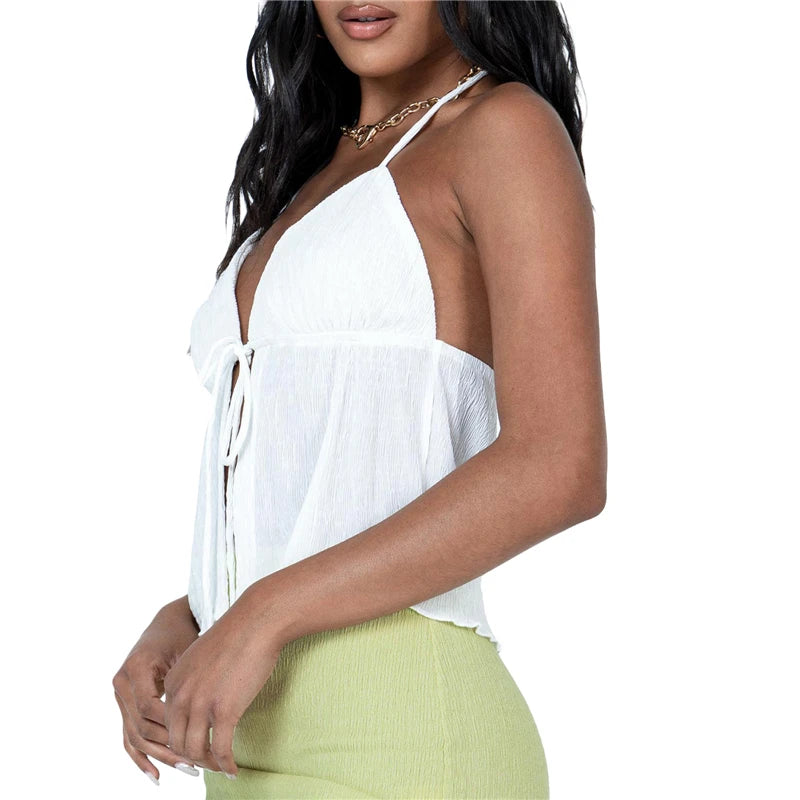 Sexy Summer Cami Top – Bowknot, Lace-Up, Sleeveless, Cropped, Elegant, Youth Fashion, Off-Shoulder, New Arrival