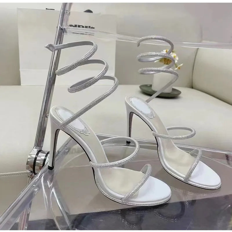 Snake Twine Around Crystal Sandals - Luxury Rhinestone Thin High Heels Gladiator Sandals, Party Prom Fashion Shoes for Women, Summer