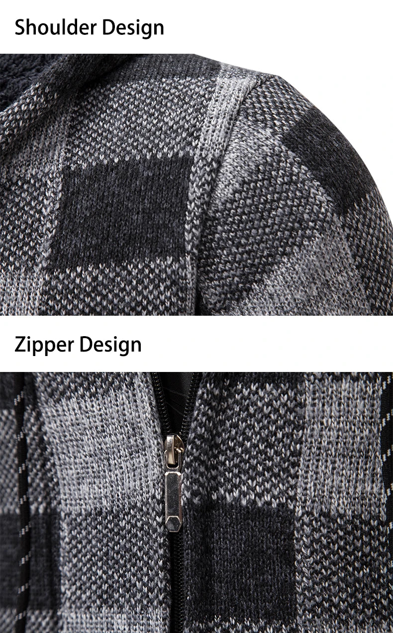 Men's Cardigan – Fashion Plus Velvet Padded Knit Jumpers, Male Sweater, Hooded Plaid Korean Luxury Brand Coat