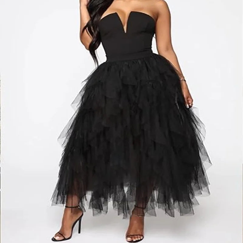 Women's Tulle Long Skirt – Tiered Tutu, A-Line, Mesh, Elastic Waist, Big Hem, Black/Gray/Pink/Beige