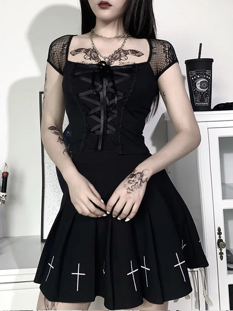 Vintage Goth T-Shirt – Bodycon, Bandage Lace, Black Mesh, Sexy Gothic Streetwear for Women