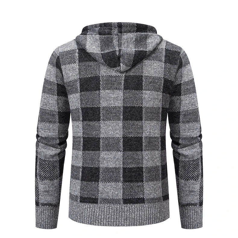 Men's Cardigan – Fashion Plus Velvet Padded Knit Jumpers, Male Sweater, Hooded Plaid Korean Luxury Brand Coat