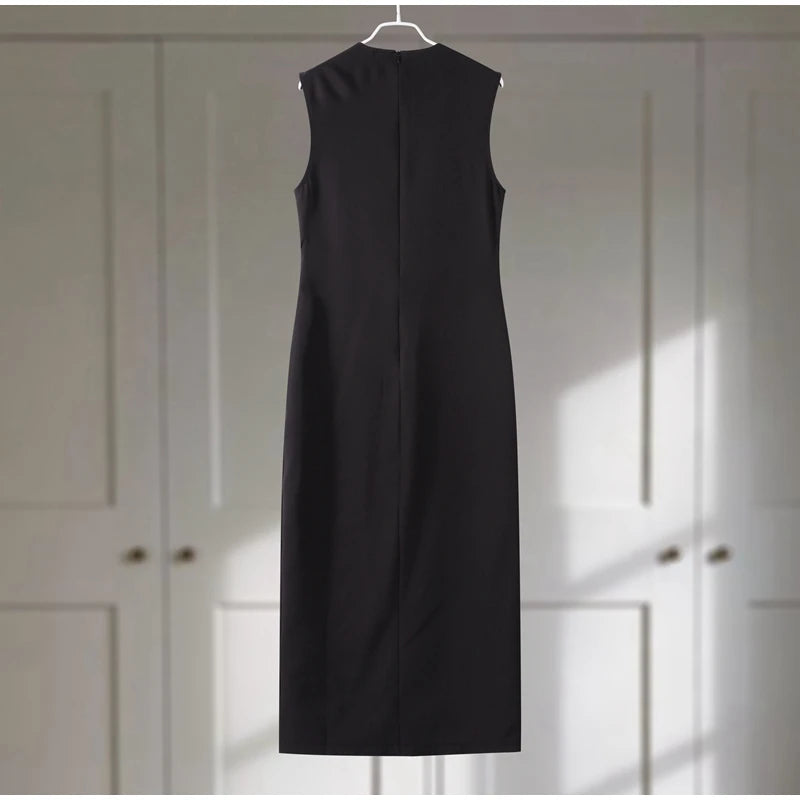 Urban Women Single-Breasted Dress – O-Neck, Sleeveless, Pocket Design, Mid-Length, Spring/Summer, Solid Color, Elegant Lady Robe