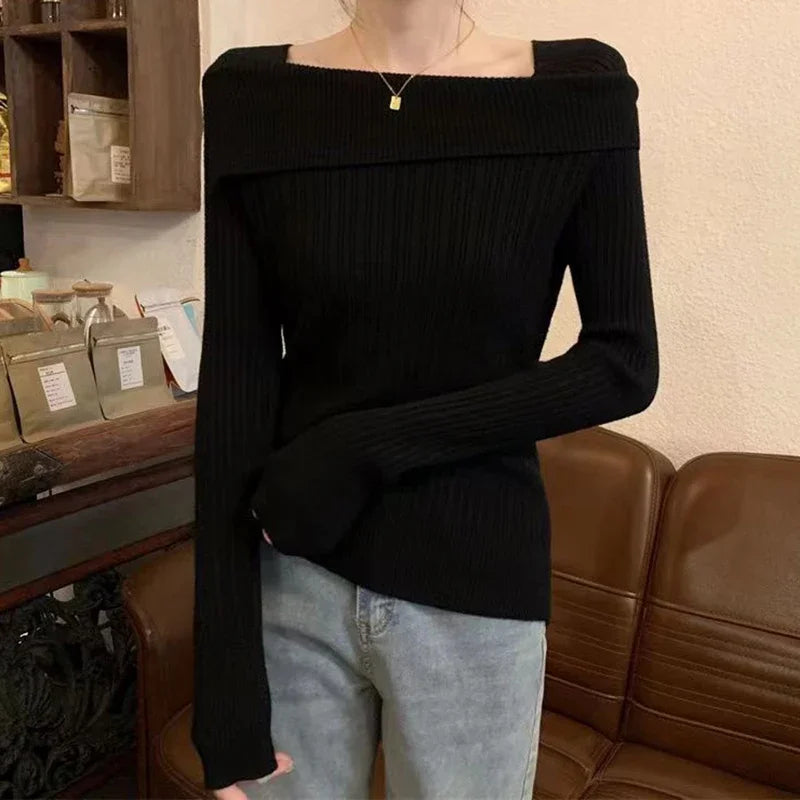 Slim Off-Shoulder Knitted Sweater – Slash Neck, Long Sleeve, Sexy Office Fashion