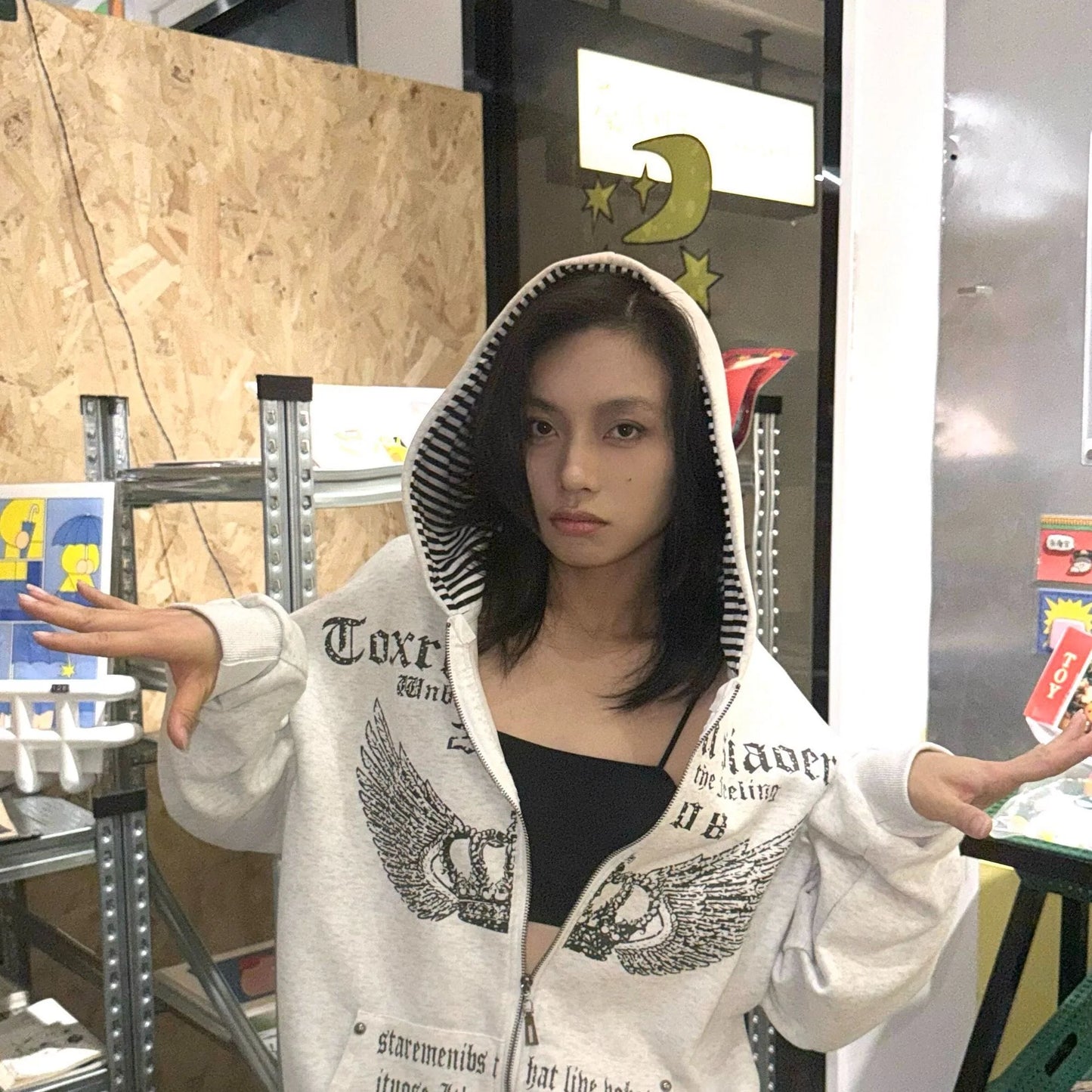 Vintage Y2K Hoodie – Women's White Print Tunic, Hooded Coat, Streetwear Fashion, Casual Sweatshirt