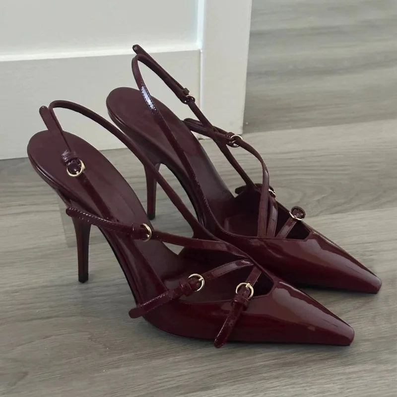 Summer High Heels – Sexy Hollow Black Silk Pointed Sandals with One-Line Buckle, Women's Shoes