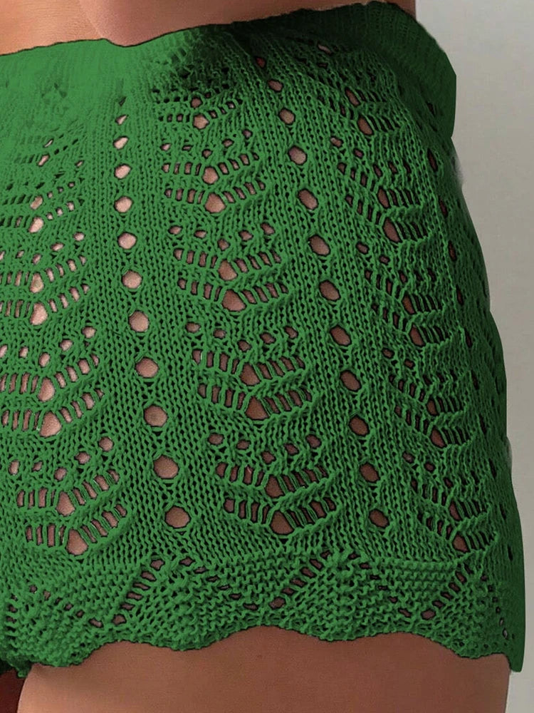 Hollow Drawstring Knitted Shorts – 100% Polyester, Open Waist, Bikini Cover-Up