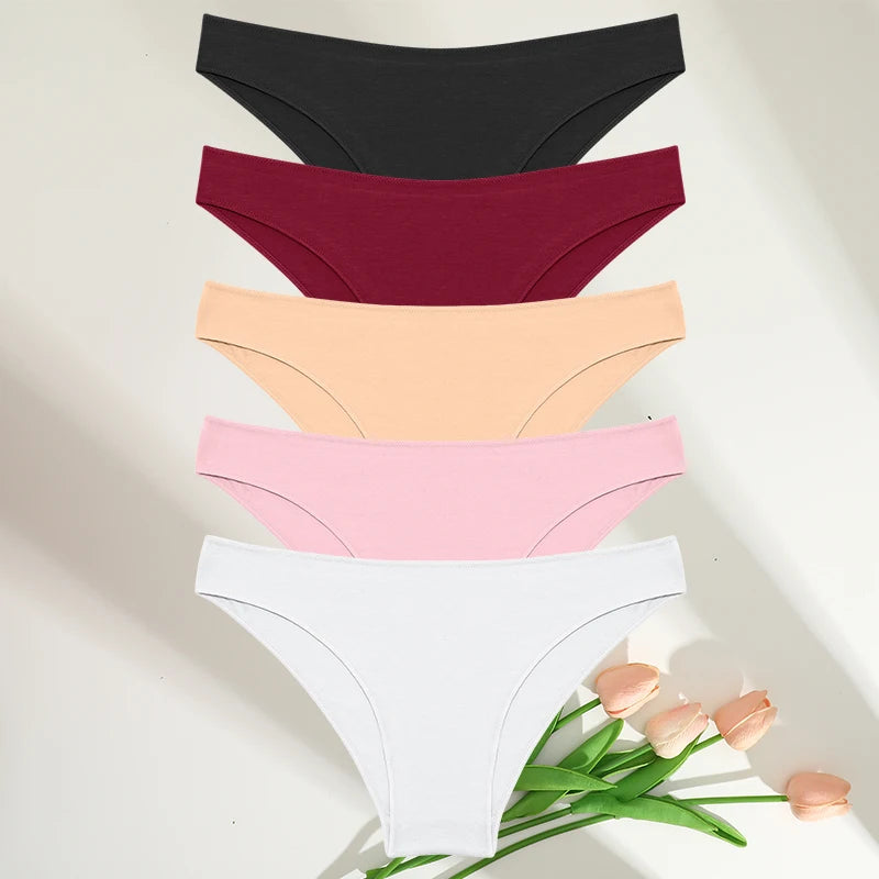 5PCS Set Women's Cotton Panties – Sexy Lingerie, Soft Underwear, Comfortable Briefs, 7 Solid Colors