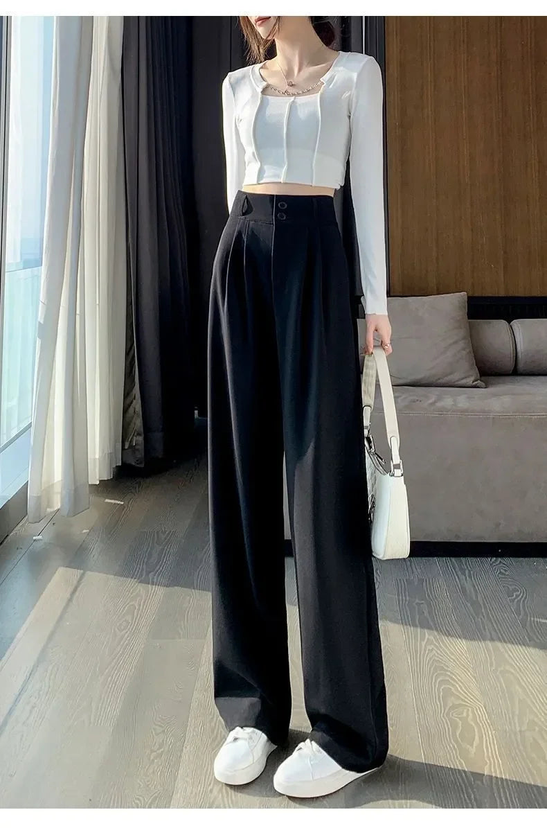 Elegant Wide Leg Pants – Korean Style, High Waist, Baggy Fit, Office Ladies, Fashionable, Loose Suit Trousers, Streetwear