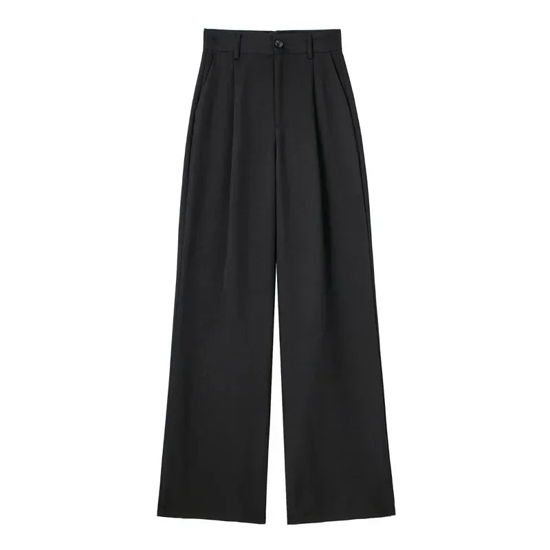 Women's Formal Pants – Office Wear, Striped Design, Grey/Black, High Waist, Baggy Fit, Suit Style, Casual Wide Leg
