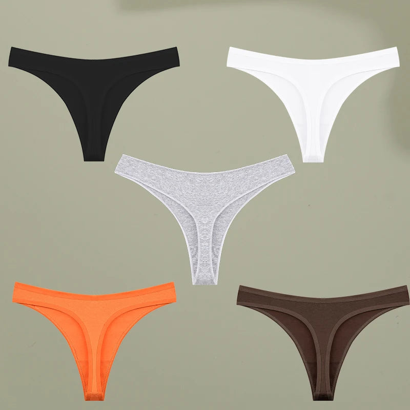 5PCS Set Low-Rise G-String Panties – Sexy, Cotton, Seamless, High Elasticity, Breathable, Solid Color