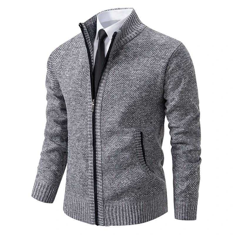 Jersey Men's Casual Sports Coat – Solid Color Stand Collar Sweater, Fleece-Lined, Warm Zipper Cardigan
