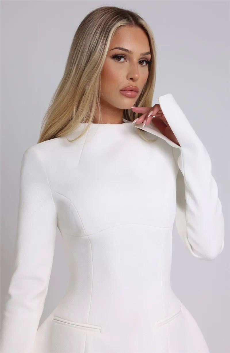 Mozision Long Sleeve Backless Mini Dress – O-Neck, High Waist, A-Line, Elegant Club Party Dress for Women