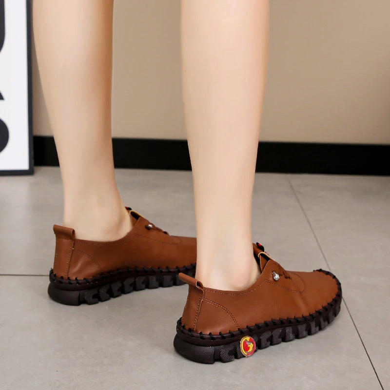 Lace-Up Leather Loafers - Flat Casual Shoes for Women, New Spring Collection, Outdoor Travel and Walking Sneakers