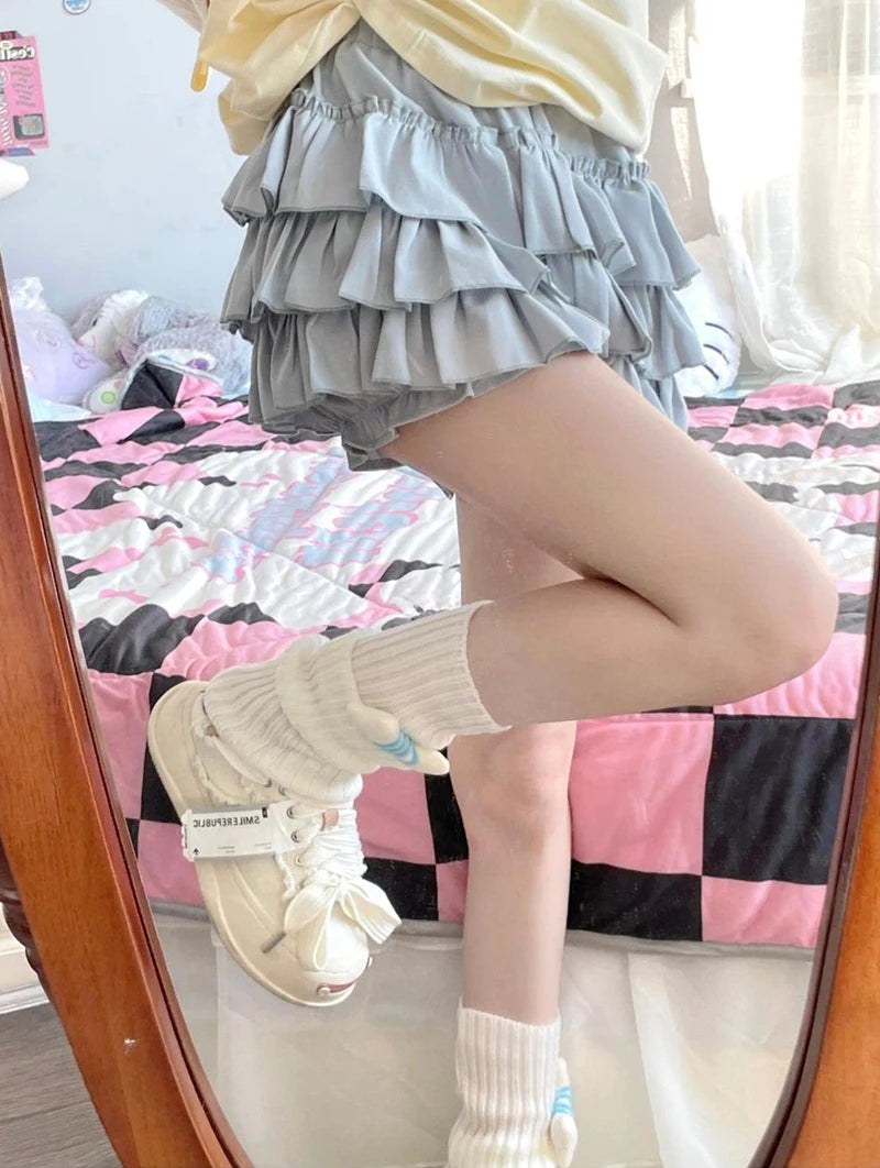 Y2K Sweet Ruffle Mini Skirt – Kawaii Lolita A-Line, Harajuku High-Waisted Bow Skirt in Pink & White