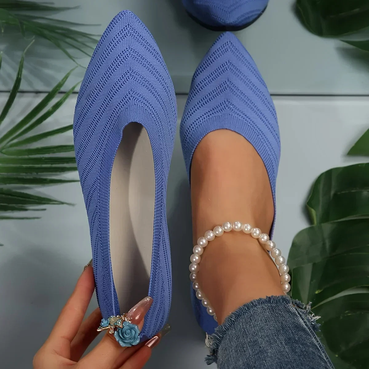 Pointed Toe Flats - Solid Color Knitted Slip-On Office Shoes, Casual Ballet Flats, Women's Loafers, Zapatos de Mujer