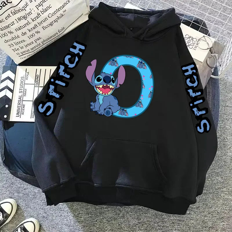 Women's Winter Disney Hoodie – Cute Kawaii Lilo & Stitch, Lucky Letter Print, Black, Fashion Couple Streetwear (Big Size)