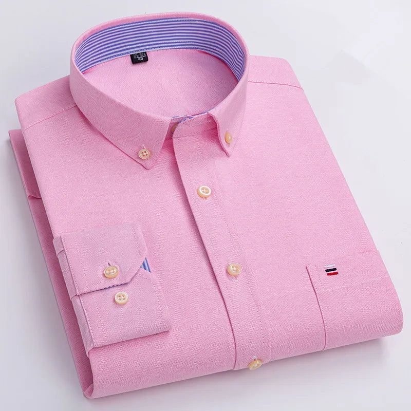 Men's 100% Cotton Shirt – Long Sleeve Plaid Oxford, Solid Color, Regular Fit Formal Dress Shirt, Available In Oversized
