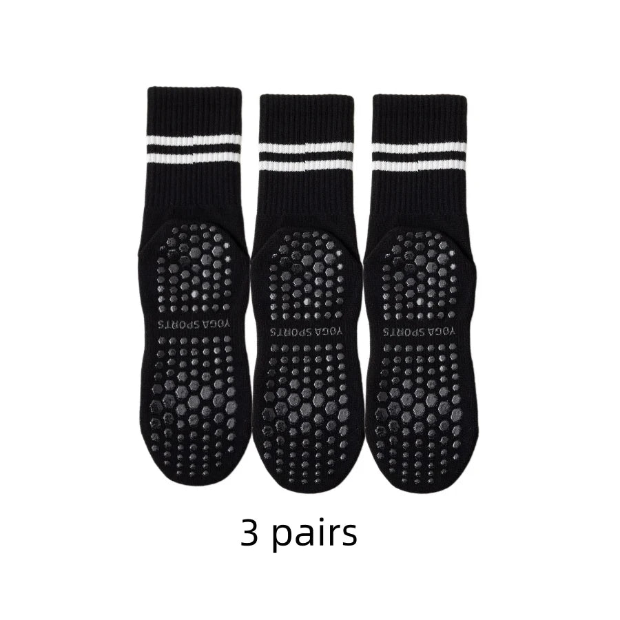 3 Pairs Mid-Tube Yoga Socks – Cotton, Non-Slip Silicone, Professional Fitness & Pilates Socks for Women