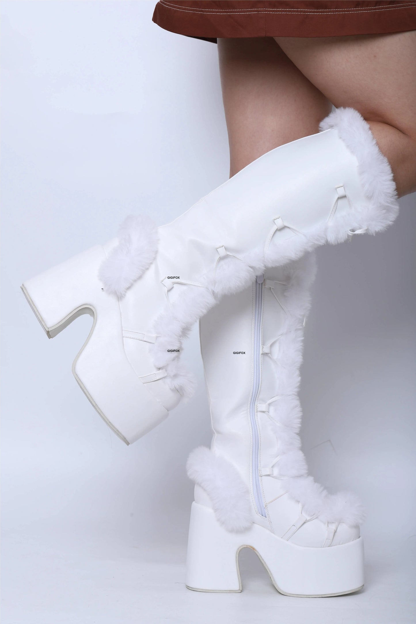 Platform Furry Boots - Chunky High Heeled Winter Autumn Knee-High Boots for Women, Faux Fur Zip, Gothic Punk Style