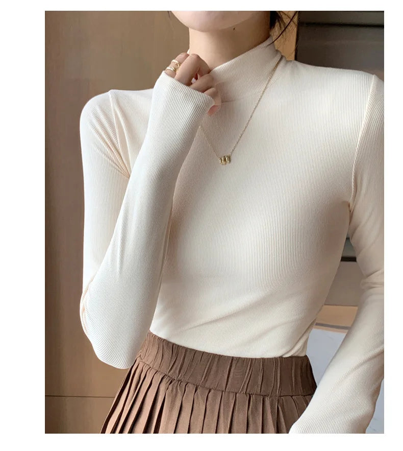 Knitted Half-Turtleneck Pullover – Elegant Korean Fashion, Long Sleeve, Women’s Sweater Jumper