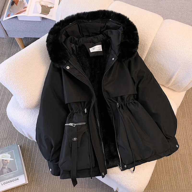 Women's Fleece-Lined Hooded Down Jacket – Warm Drawstring Puffer Parka, Korean Casual Streetwear
