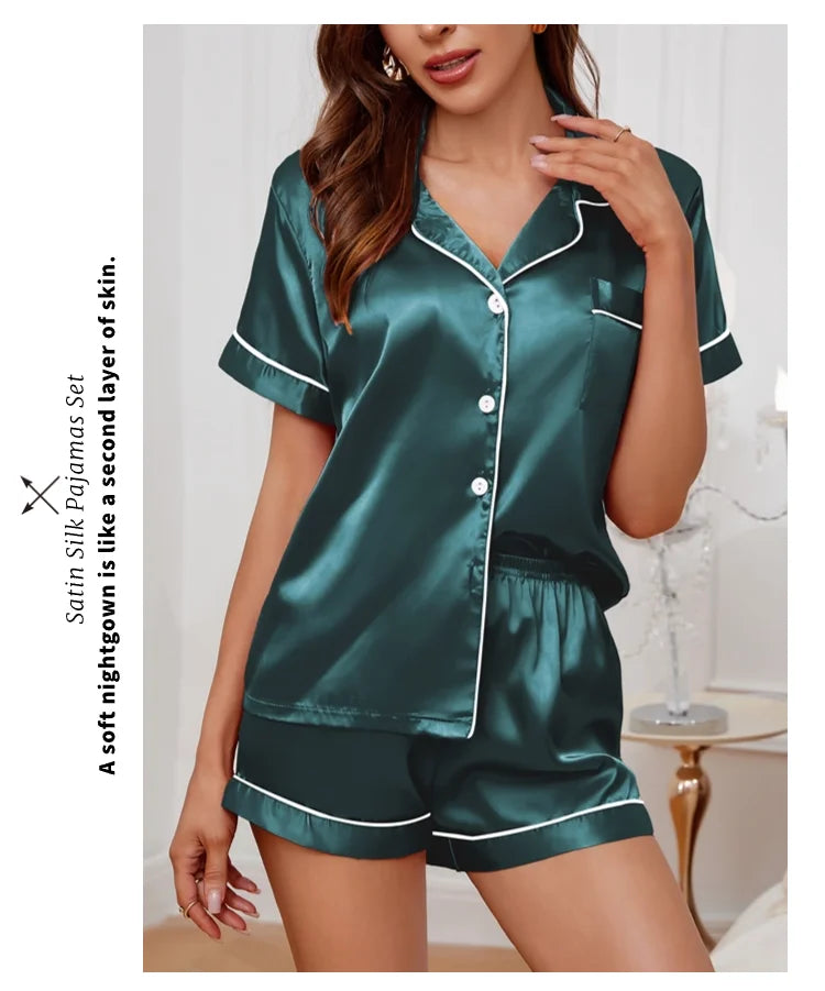 Luxurious Satin Pajama for Women – Summer Sleepwear, Short Sleeve Top with Button-Up Lapel Collar & Shorts, Femme Lounge Set
