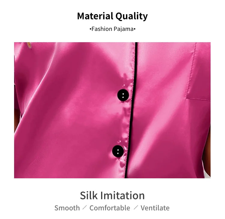 Luxurious Satin Pajama for Women – Summer Sleepwear, Short Sleeve Top with Button-Up Lapel Collar & Shorts, Femme Lounge Set