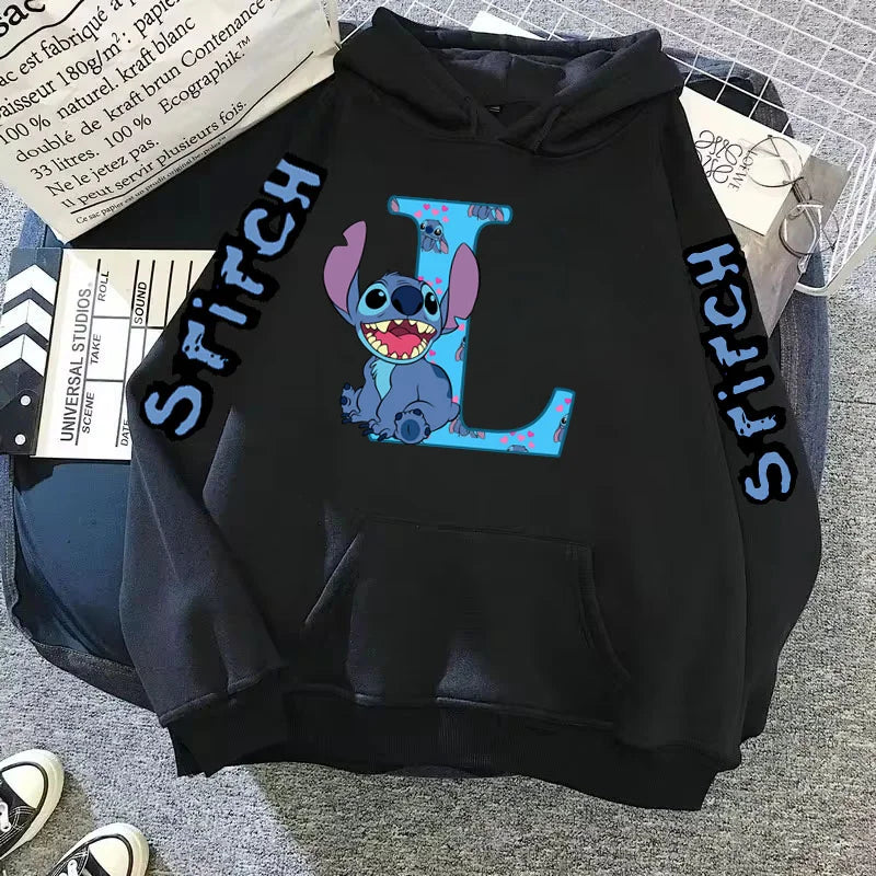 Women's Winter Disney Hoodie – Cute Kawaii Lilo & Stitch, Lucky Letter Print, Black, Fashion Couple Streetwear (Big Size)