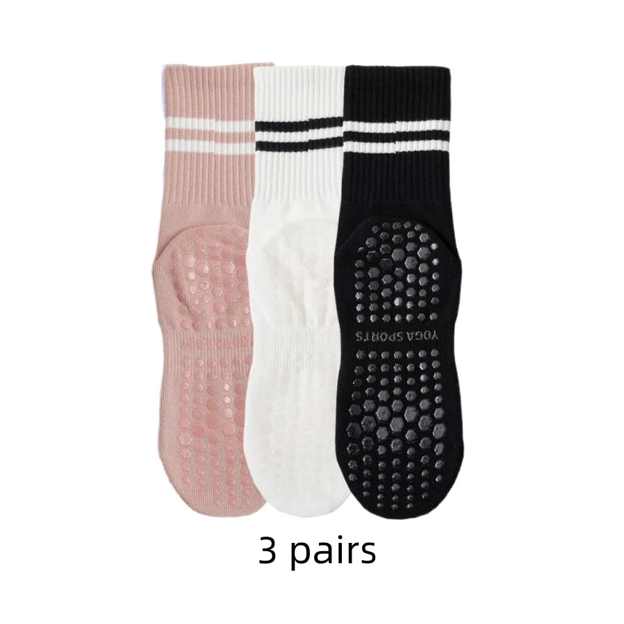 3 Pairs Mid-Tube Yoga Socks – Cotton, Non-Slip Silicone, Professional Fitness & Pilates Socks for Women