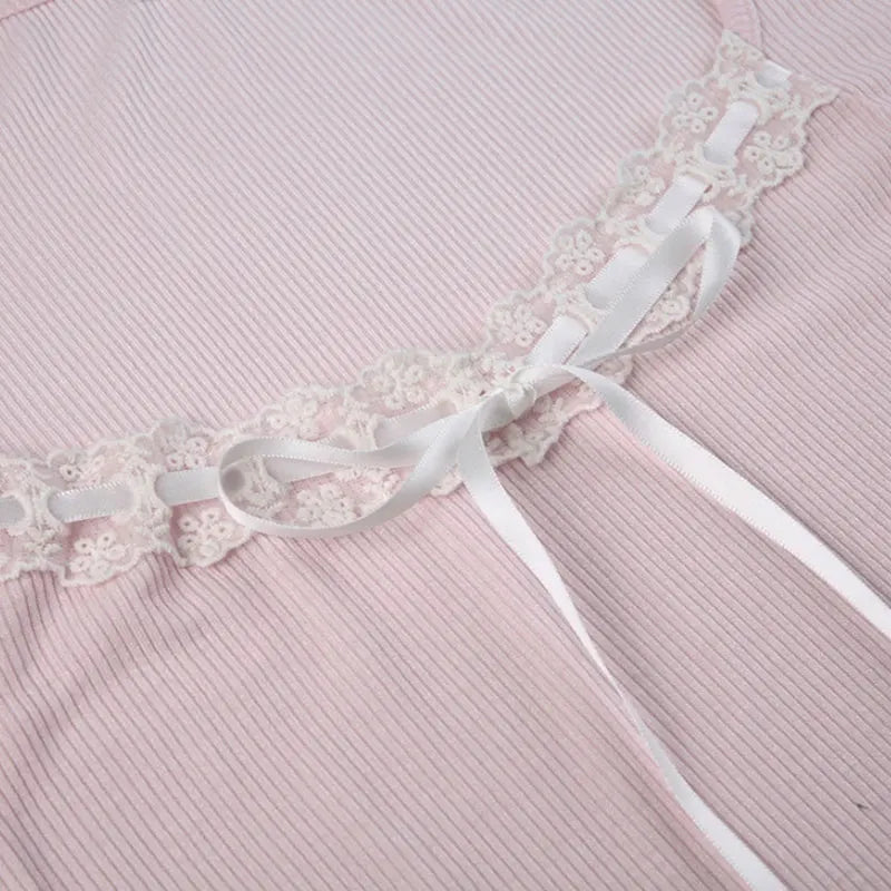 Cute Bandage Bow Cropped Top – Pink Coquette Y2K Square Collar Tee for Spring & Fall