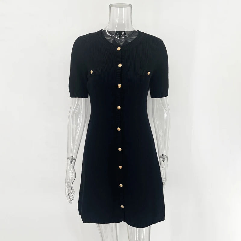 Elegant Knitted Mini Dress – Sexy, Slim Fit, Ribbed Knit, Metal Button, Short Sleeve, Holiday, Party Wear