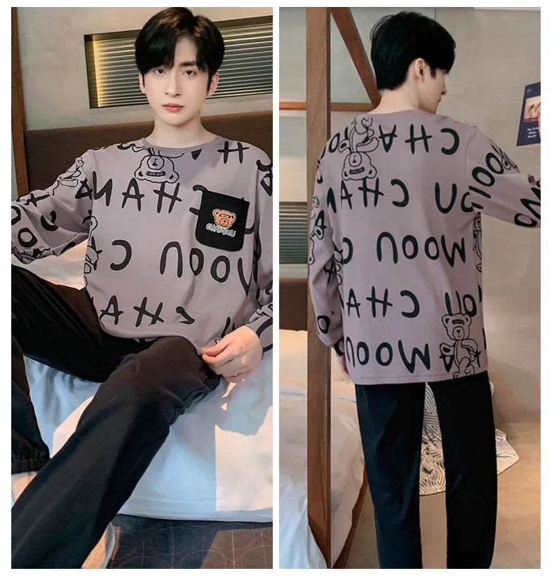 Men's Pajamas Set – 2PCS, Plus Size, Long Sleeve, Loose Fit, Breathable, Cartoon Bear & Striped Letters, Crew Neck Loungewear