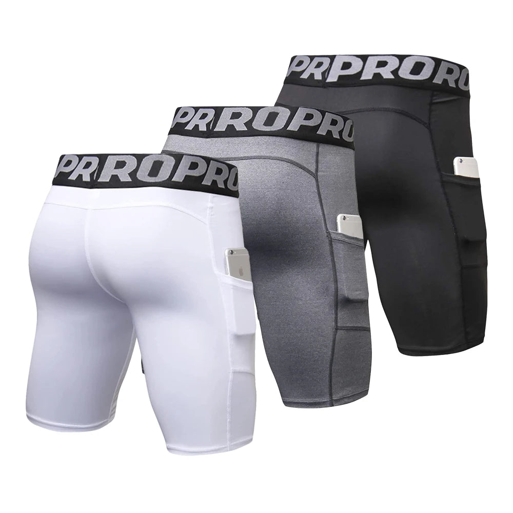 Men's Gym Shorts with Pockets – Workout Compression Leggings, Polyester Boxer Briefs, Running, Basketball, Athletic Tights