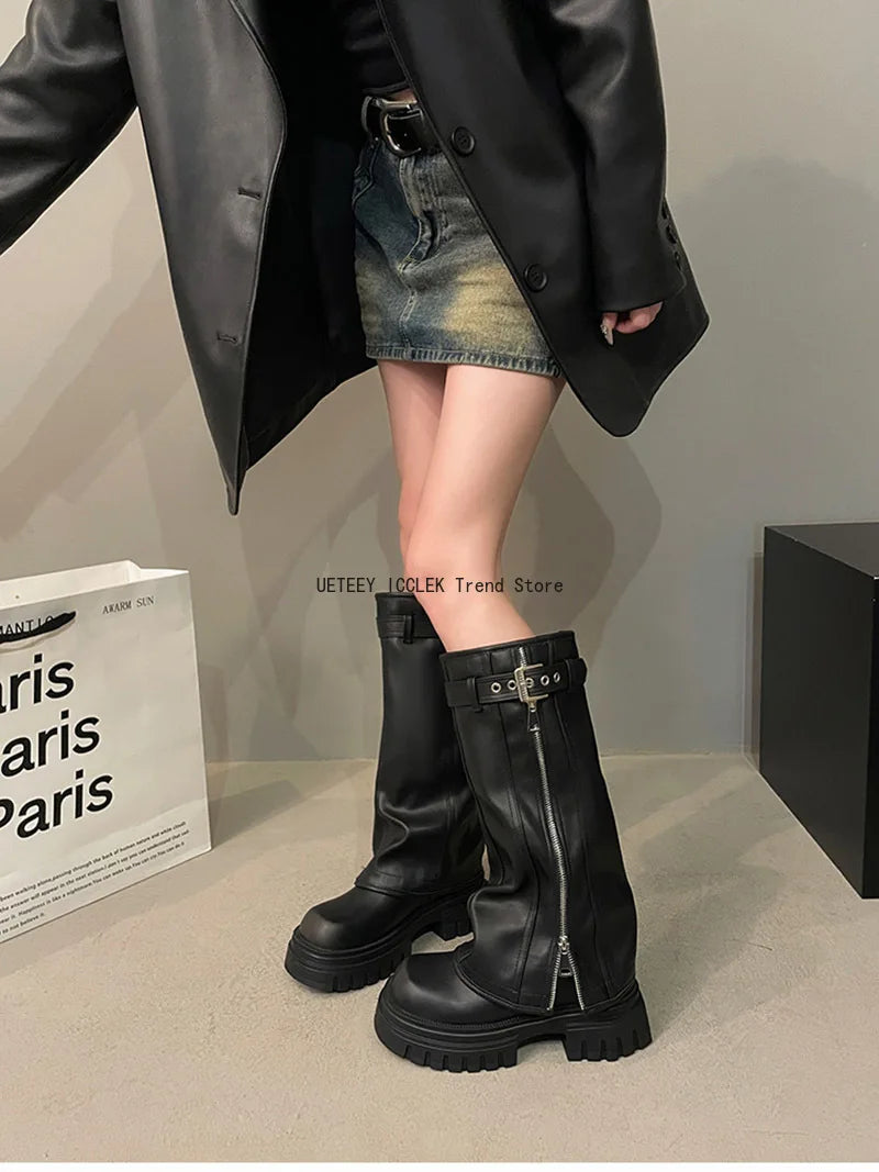 Winter Women Biker Boots – Fashion Belt Buckle, Elegant Platform Knee-High Booties for Ladies
