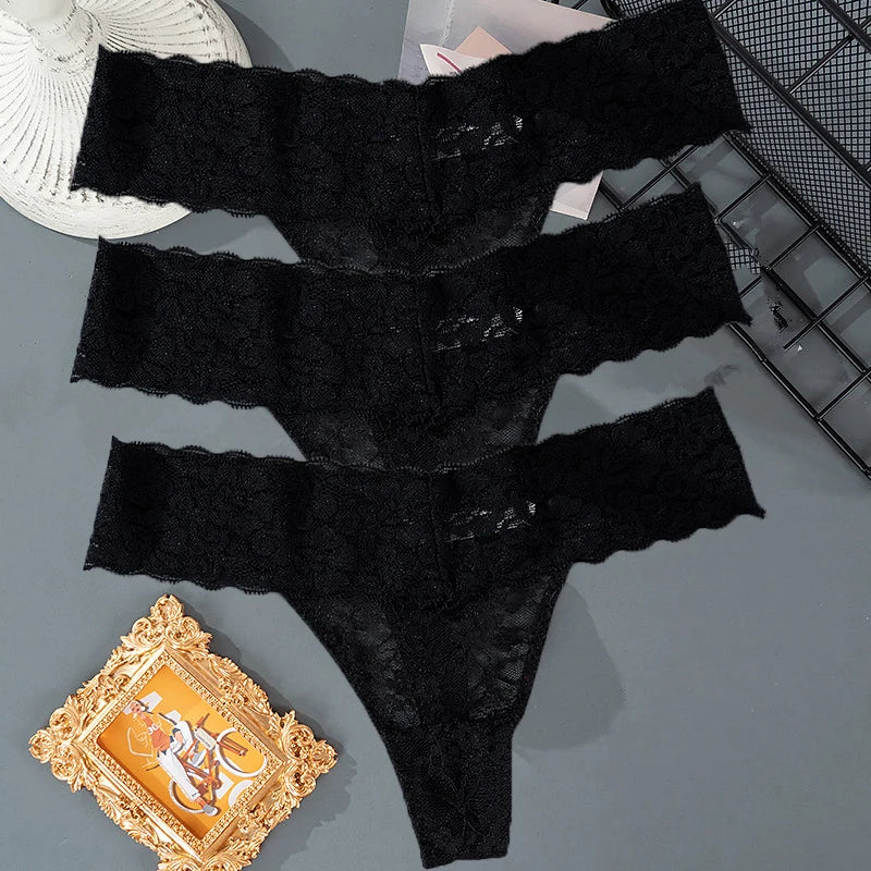 3PCS Lace Floral Thong Panties – Low Waist, Breathable, Sexy, Transparent, Solid Color Women's Underwear