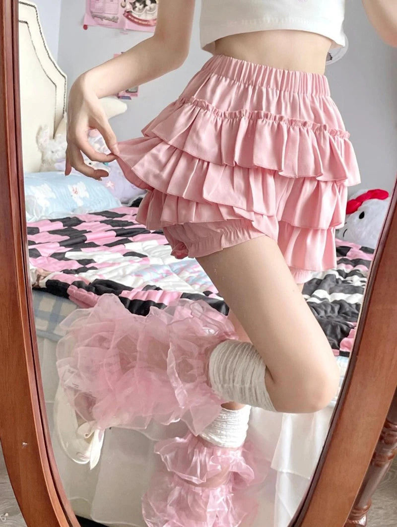 Y2K Sweet Ruffle Mini Skirt – Kawaii Lolita A-Line, Harajuku High-Waisted Bow Skirt in Pink & White