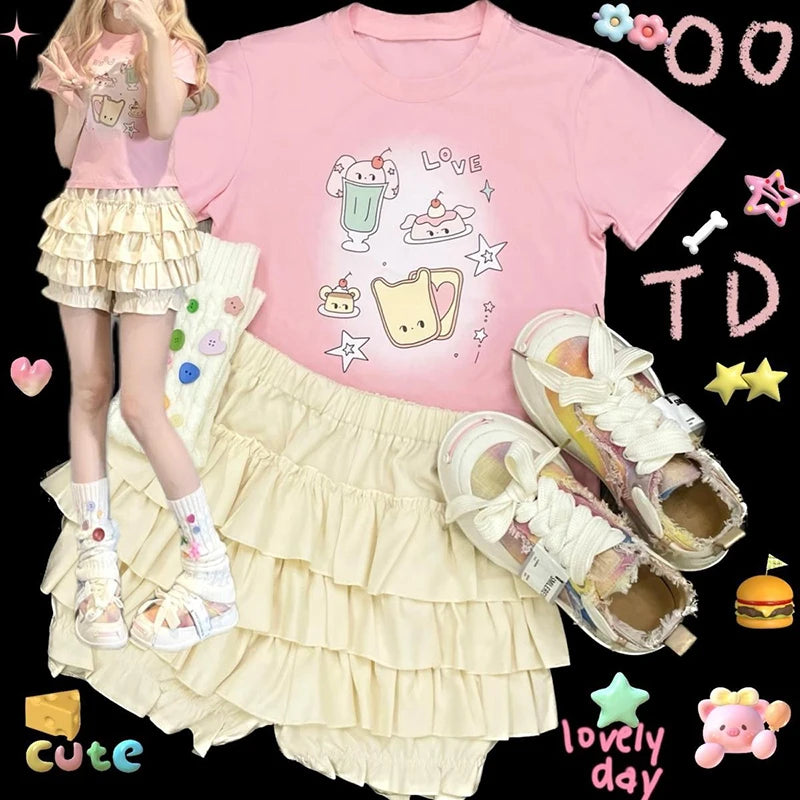 Y2K Sweet Ruffle Mini Skirt – Kawaii Lolita A-Line, Harajuku High-Waisted Bow Skirt in Pink & White