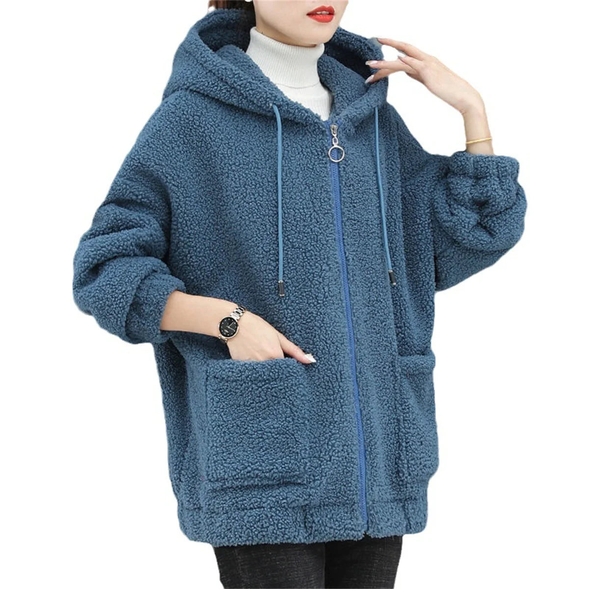 Women's Fleece Hooded Sweater – Solid Color, Lamb Cashmere, Cardigan Jacket, Plush, Autumn Winter Casual Coat