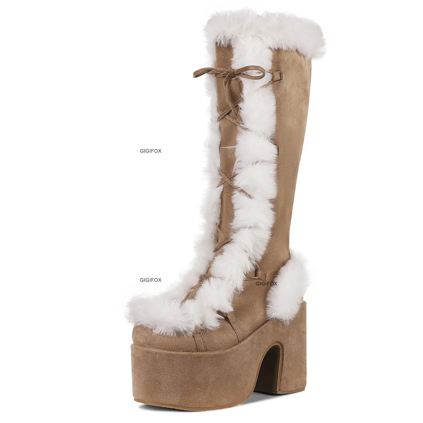 Platform Furry Boots – Chunky High Heeled Winter Autumn Knee High Boots, Women Faux Fur Zip, Gothic Style Punk Shoes Ladies