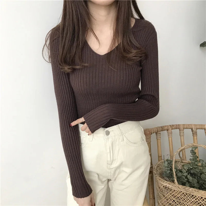 Korean V-Neck Knitted Sweater – Slim Fit, Autumn Winter Pullover, Fashion Jumper for Women