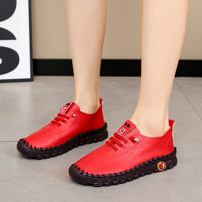 Lace-Up Leather Loafers - Flat Casual Shoes for Women, New Spring Collection, Outdoor Travel and Walking Sneakers