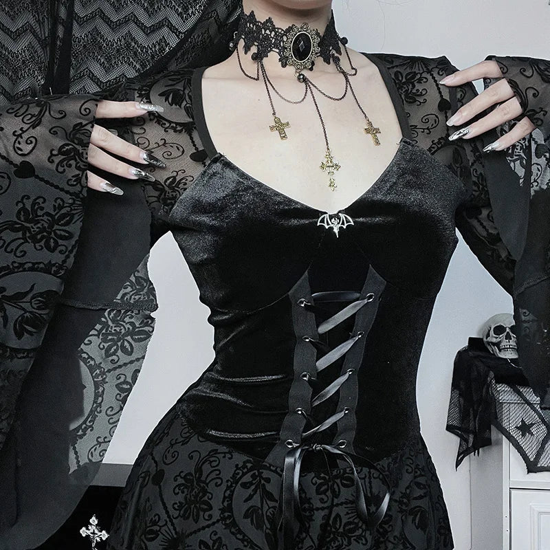 Gothic Long Sleeve Ruffle Mini Dress Women's Vintage V Neck Velvet Stretchy Bodycon Cocktail Dresses Victorian Blouse