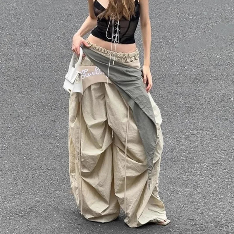 Fashion Contrast Color Patchwork Trousers – Elastic High Waist, Loose Fit, Wide Leg, Streetwear, Cargo Pants, New Arrival