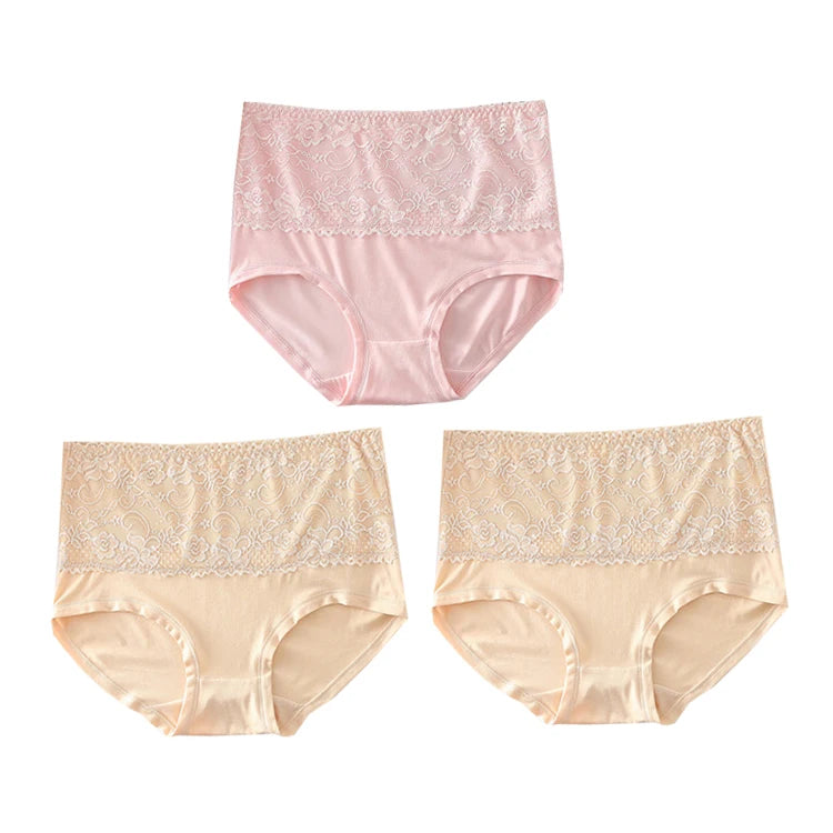 3PCS High Waist Women's Panties – Large Size, Breathable Cow Milk Silk, Lace Briefs, Sexy Female Lingerie
