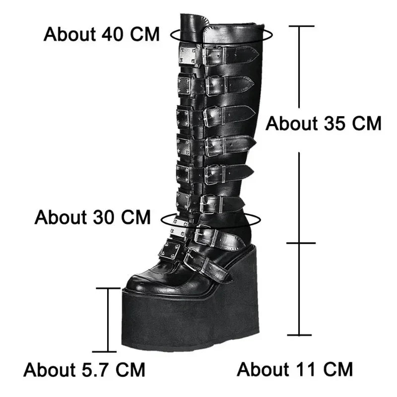 Women Boots Cosplay – High Heel Platform Wedge Boots with Gothic Buckle Strap Design
