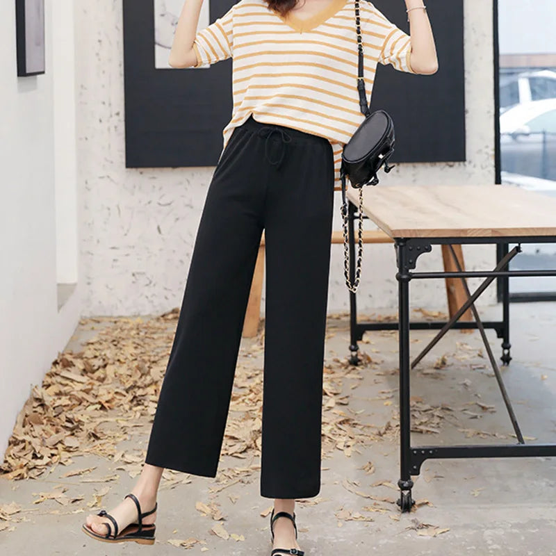 Women Ankle-Length Wide Leg Pants – Casual, Summer, Solid Color, Elastic Waist, Loose Fit, Ice Silk, Spring/Summer